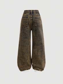 SHEIN Tween 女童 Y2K 时尚镂空破洞宽松直筒牛仔裤，女童夏季裤子套装