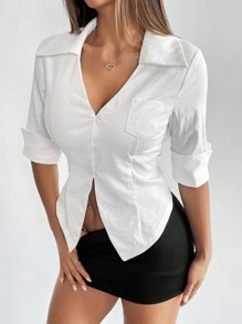 Chiquease Women Casual Solid Color Body-Fitting V-Neck Half Sleeve Blouse - White - View 3