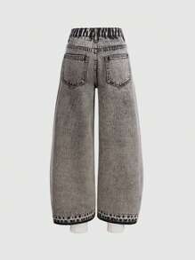 SHEIN Tween Girls Y2K 时尚石洗宽松牛仔裤，带星形贴花细节，女孩秋季服装返校街头服装 - 灰色 - 查看 2