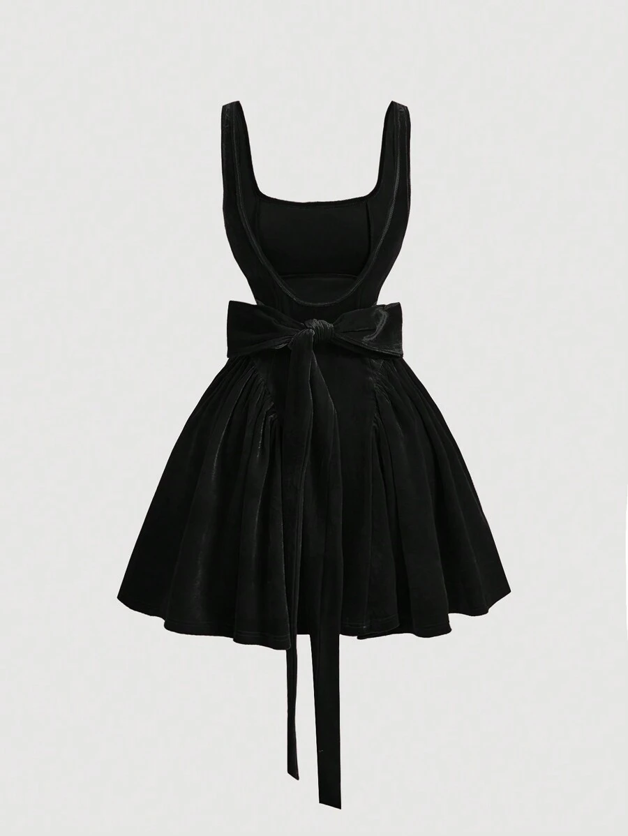 SHEIN MOD 女士复古天鹅绒红色连衣裙，适合情人节和新年 - 黑色 - 查看 1