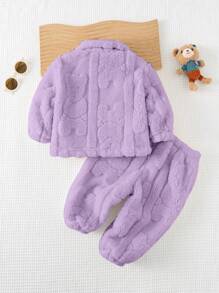 Cozy Pixies 2 件套女宝宝卡通熊印花口袋领长袖开衫和裤子冬季衣服套装 - 淡紫色 - 查看 2