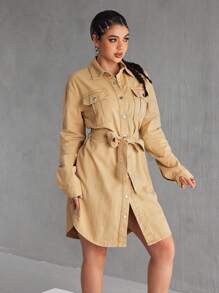 SHEIN EZwear Women's Autumn Long Sleeve Single Breasted Utility Pocket Casual Denim Shirt Dress - Khaki - View 7