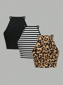 SHEIN EZwear 女士休闲简约多色针织豹纹纯色背心 - 彩色 - 查看 2