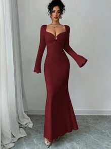 Firerie Women's Elegant Solid Color Decorative Button Long Dress