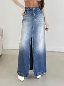 EURMUSE HIGH RISE AYMMETRIC FRAYED HEM WOMEN SKIRT - Medium Wash - View 3