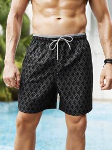 Surfspeed Herr geometriskt tryck dragsko i midjan 2 i 1 strandshorts - Svart - Visa 4