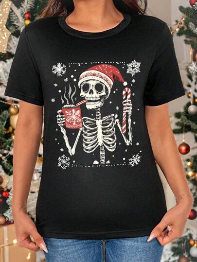 Chiquease Christmas Skull Santa Hat Coffee & Snowflake Pattern Round Neck Short Sleeve Women T-Shirt Graphic Tees Women Tops