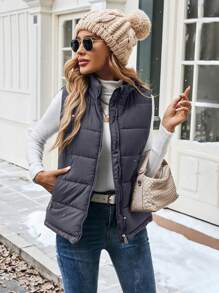 SHEIN LUNE Veste doudoune pour femmes avec fermeture éclair, col, poches, couleur unie, pour vêtements d'hiver