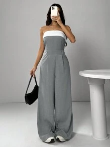 SHEIN EZwear Women's Contrast-Color Pleated Wide-Leg Jumpsuit - Grey - View 4