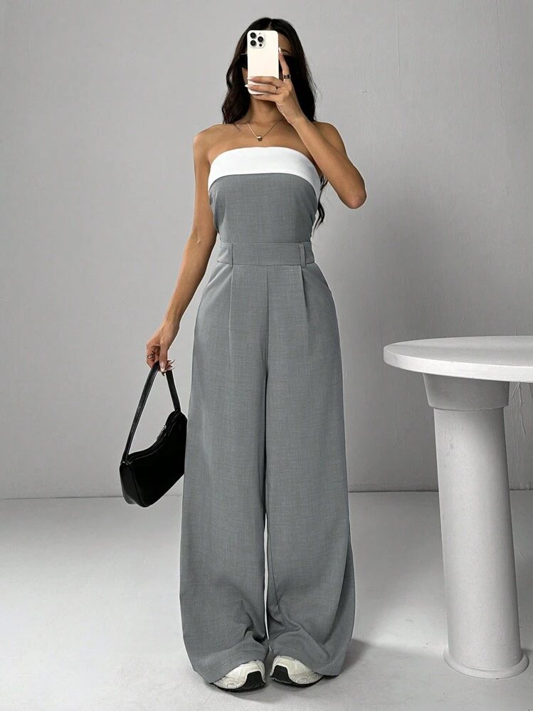 SHEIN EZwear レディース コントラストカラー プリーツ ワイドレッグ