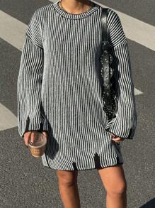 SHEIN Unity 女士条纹圆领长袖简约短款针织毛衣连衣裙 - 黑色 - 查看 6