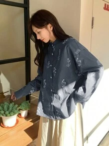 Women Blue Loose Floral Embroidered Shirt, Stand Collar, Spring,Fall Clothes Long Sleeve Top - Navy Blue - View 1