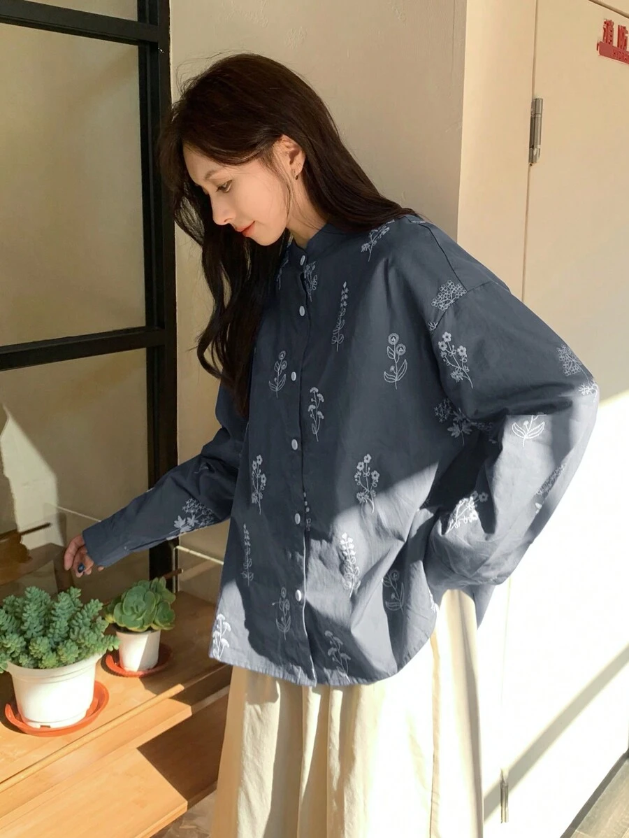 Women Blue Loose Floral Embroidered Shirt, Stand Collar, Spring,Fall Clothes Long Sleeve Top - Navy Blue - View 1
