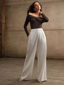 Anewsta 1pc Women's Sexy Off Shoulder Long Sleeve Twisted Bodysuit - Brown - View 7