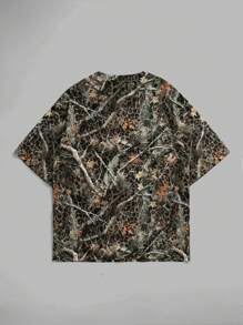 SHEIN 青少年男孩休闲短袖 T 恤，运动街头朋克摇滚学院风，适合日常、派对、音乐节，适合春夏季，森林和树枝印花 - 咖啡棕 - 查看 2