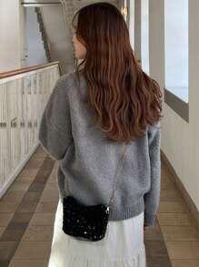 FRIFUL Women's Color Block Patchwork Bow Knitted Long Sleeve Casual Sweater,Fall Women Clothes - Grey - View 5