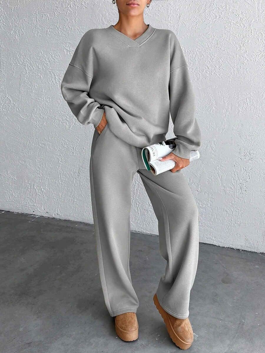 EURMUSE Solid Color Oversized Drop Shoulder Sweatshirt & Sweatpants Set - Grey - View 1