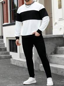 Manfinity Homme Plus Size Men's Letter Print Round Neck Long Sleeve Casual Sweatshirt, Autumn/Winter - Black and White - View 5