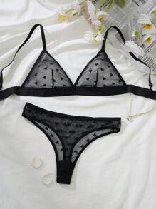 PetitDoll Valentine's Day Sexy Sheer Heart Jacquard Mesh Wireless 2Pcs Lingerie Set - Black - View 4