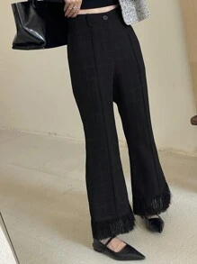 DAZY Women's Casual Plaid Fringe Hem Fitted Flare Pants Women Dress Pants