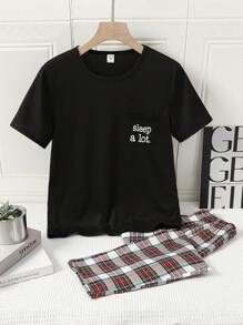 SHEIN 2 Pieces Set: Casual Comfortable Black Pocket Tee & Red Plaid Long Pants, Loungewear For Teen Boys - Multicolor - View 3