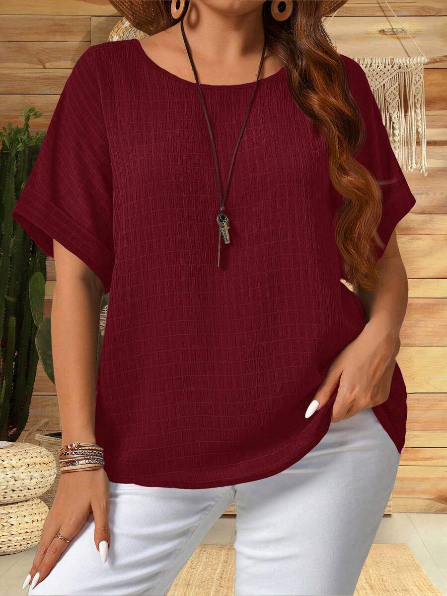 EMERY ROSE Chemise d'été casual ample en couleur unie et texture, avec manches chauve-souris, tailles plus grandes - Rouge - Voir 1