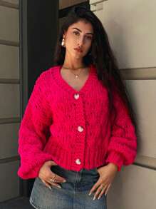 Forever 21 Winter Clothes For Women V-Neck Long Sleeve Cropped Casual Warm Cardigan, Versatile, Autumn/Winter Y2k Clothes Sweaters For Women Christmas Sweater Long Sleeve Tops New Years Women Christmas Sweater Women - Red - View 6