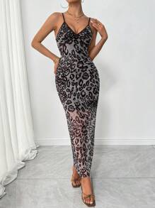 INAWLY Women's Leopard Print Fitted Elegant Slip Dress - Black and White - View 6