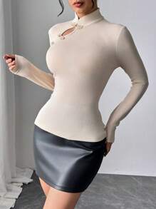 Firerie Women's Elegant Solid Color Stand Collar Button Fitted T-Shirt, Autumn/Winter