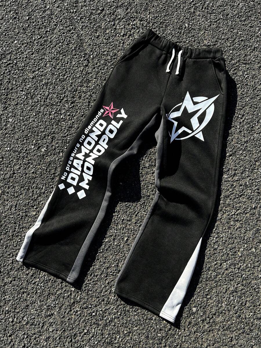 SHEIN Loose Fit Casual Letter Print Color Block Teen Boys Long Sweatpants