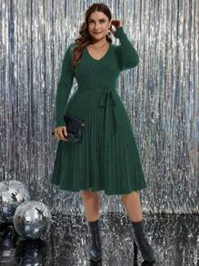 SHEIN Clasi Plus Size Fall Solid Color V-Neck Long Sleeve Ribbed With Belt Sweater Dress, For Winter - Blue - View 1