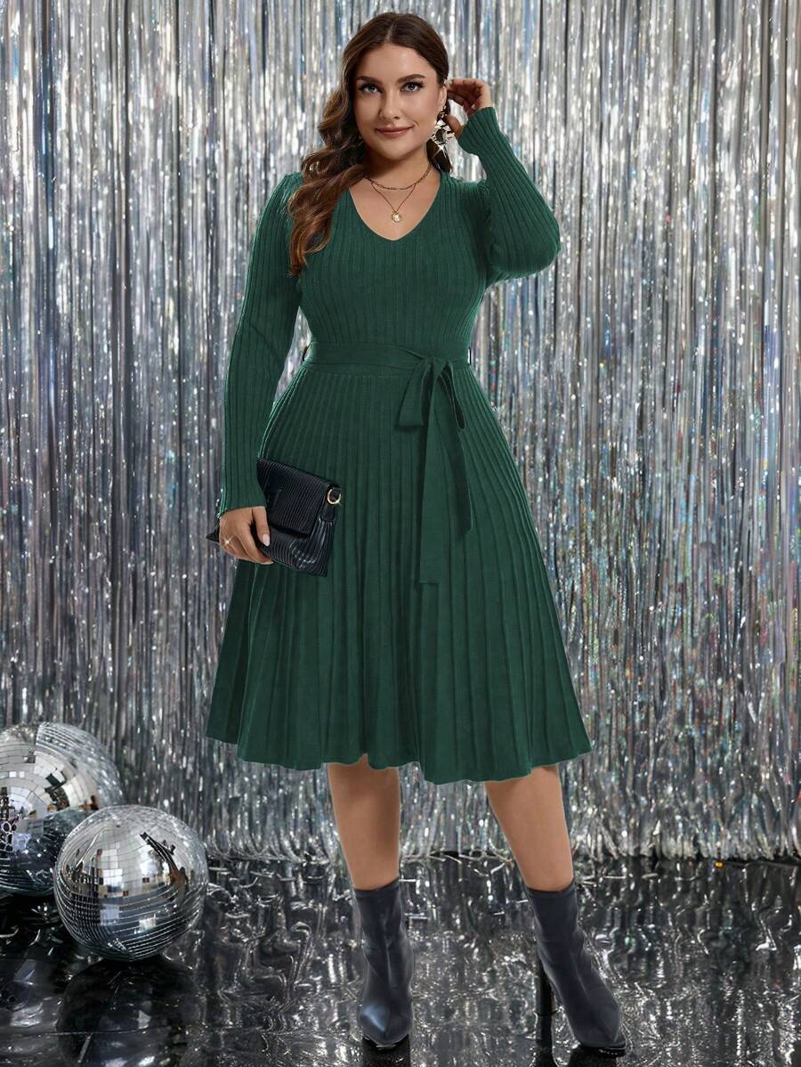 SHEIN Clasi Plus Size Fall Solid Color V-Neck Long Sleeve Ribbed With Belt Sweater Dress, For Winter - Blue - View 1