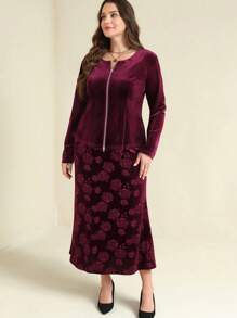 SHEIN Clasi New Year's Outfits Elastic Velvet Rose Embossed Zip-Up Elegant Plus Size 2 Pieces Set