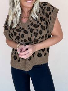 INAWLY Chaleco de mujer con cuello en V y detalle de estampado animal, mangas tipo murciélago