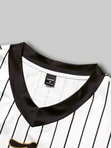 Aesthetic Post Men's Streetwear Academy INS Best-Selling T-Shirt.Men's Sports Oversized Print Loose Fit T-Shirt,Men's White Vertical Striped Short-Sleeved T-Shirt With A Black V-Neck Design And Eye-Catching "Los Angeles" Letters And "79" Number Prints. It Is Full Of Retro Baseball Style And Is Fashionable And Casual. - Multicolor - View 5