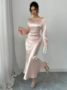 Elenzga Women's Solid Color Round Neck Long Sleeve Ruched Waist Maxi Elegant Dress