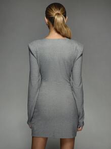 MISSGUIDED Shimmer Stiff Shoulder Button Detail Long Sleeves Bodycon Mini Dress - Grey - View 2