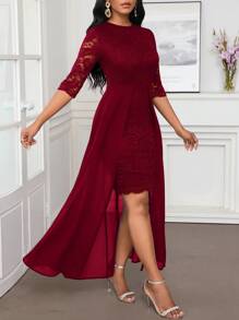 SHEIN Lady 秋冬圣诞派对礼服优雅蓝色蕾丝圆领不对称飘逸 - 酒紅色 - 查看 3