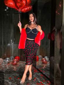 Allurite 大码植绒和网眼性感优雅复古女士情人节裙子，饰有玫瑰、心形、波尔卡圆点、爱心、嘴唇、丘比特、68D 花朵图案 - 黑色 - 查看 7