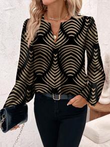 SHEIN Clasi Casual Minimalist Geometric Floral Print Plus Size Shirt, Suitable For Autumn/Winter - Apricot - View 3