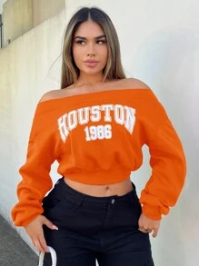 SHEIN SXY 冬季春季露肩字母印花女式短款运动衫