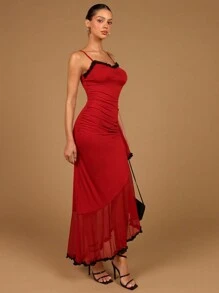 Glamine Women's Christmas Eve Christmas Party Elegant Sexy Suspender Mesh Splicing Contrast Lace Pleated Asymmetric Hem Long Skirt Party Dress - Burgundy - View 5