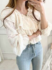 DAZY Women's Textured Fabric Ruffle Collar Casual Blouse, Spring/Summer - Apricot - View 5