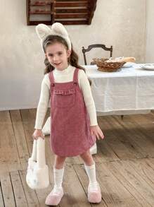 SHEIN LMoss Kids LMoss Young Girls & Young Girl Casual Matching Mother-Daughterl Cute Pink Cord Overall Jumper Dress, Suitable For Autumn/Winter, Casual Autumn Wear, Cute Campus, Suitable For Autumn And Winter, Daily Wear School Daily, Mom And Daughter & Sisters Matching,Autumn/Winter For Back To School Season - Pink - View 6