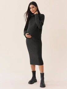 SHEIN 婴儿洗礼秋冬孕妇装，高领落肩袖，孕妇紧身针织连衣裙 - 黑色 - 查看 3