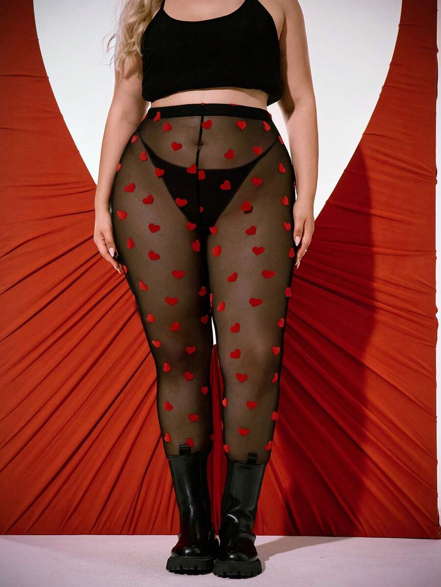 SHEIN EZwear 大码情人节红心连裤袜 - 彩色 - 查看 1