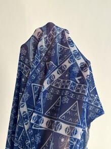 SHEIN Swim Curve Plus Size One Piece Blue & White Print 3/4 Sleeve Loose Beach Cover Up Top For Women, Lightweight And Casual Summer