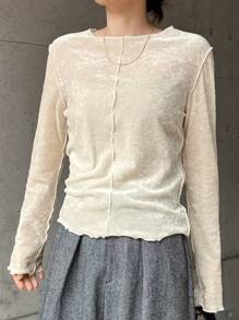 FRIFUL Women Velvet Patchwork Fitted T-Shirt, Solid Color Casual Daily Style Long Sleeve Women Tops,Fall Women Clothes - Apricot - View 2