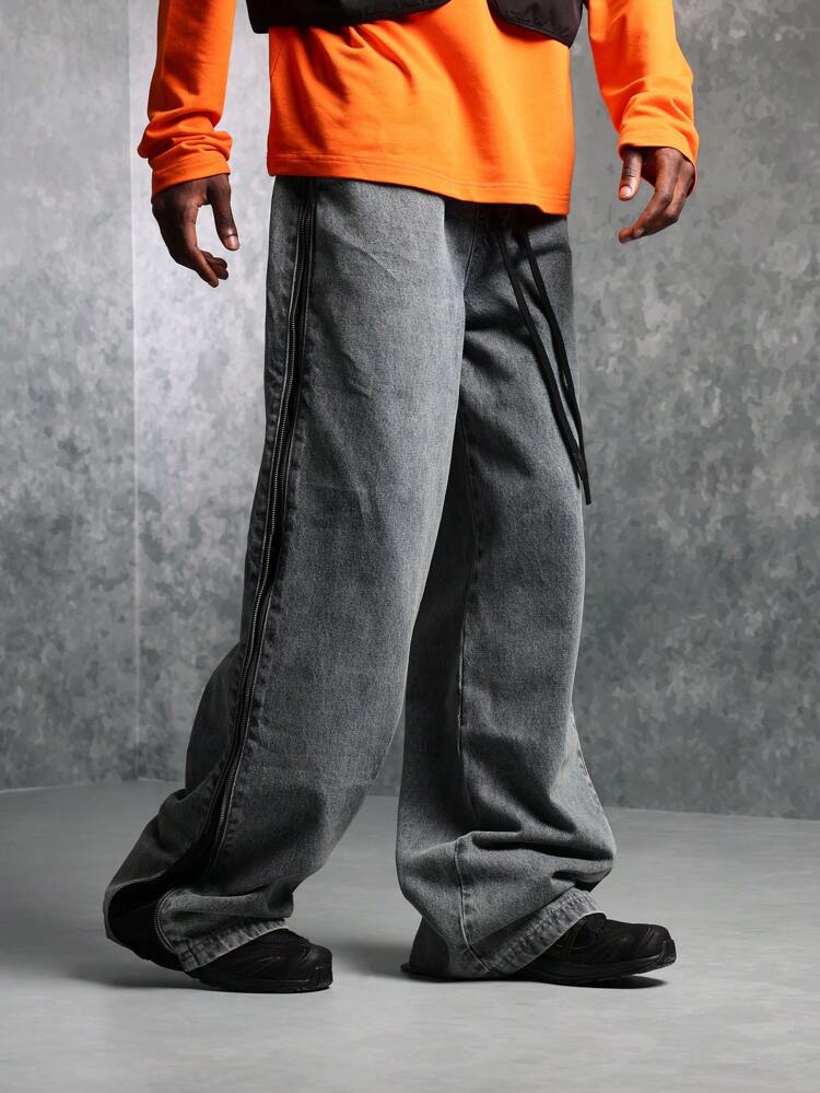 Side Striped Wide Leg Denim With Nylon Zipper Detail