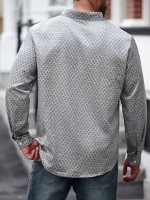 Manfinity Homme Plus Size Men Geometric Print Long Sleeve Single-Breasted Casual Shirt, Autumn - Grey - View 2